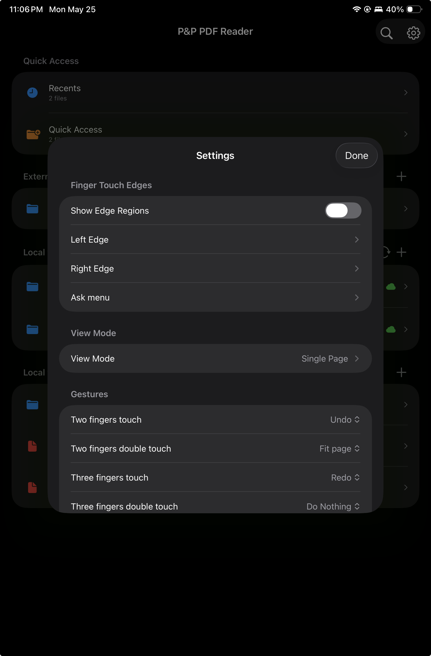 Settings screen showing the View Mode setting