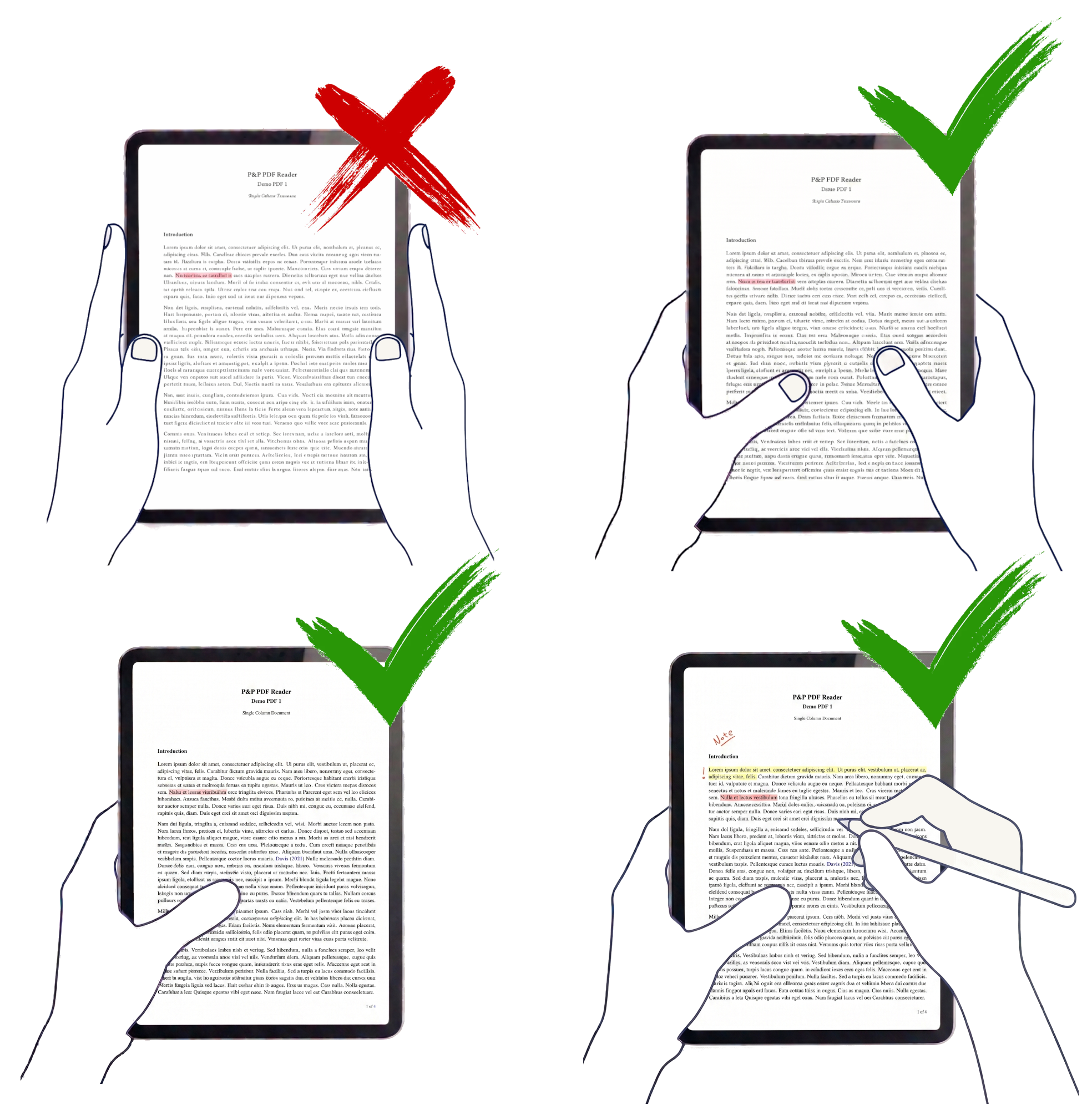 iPad held in several reading and annotation postures, showing natural grips and rejected edge-only holding