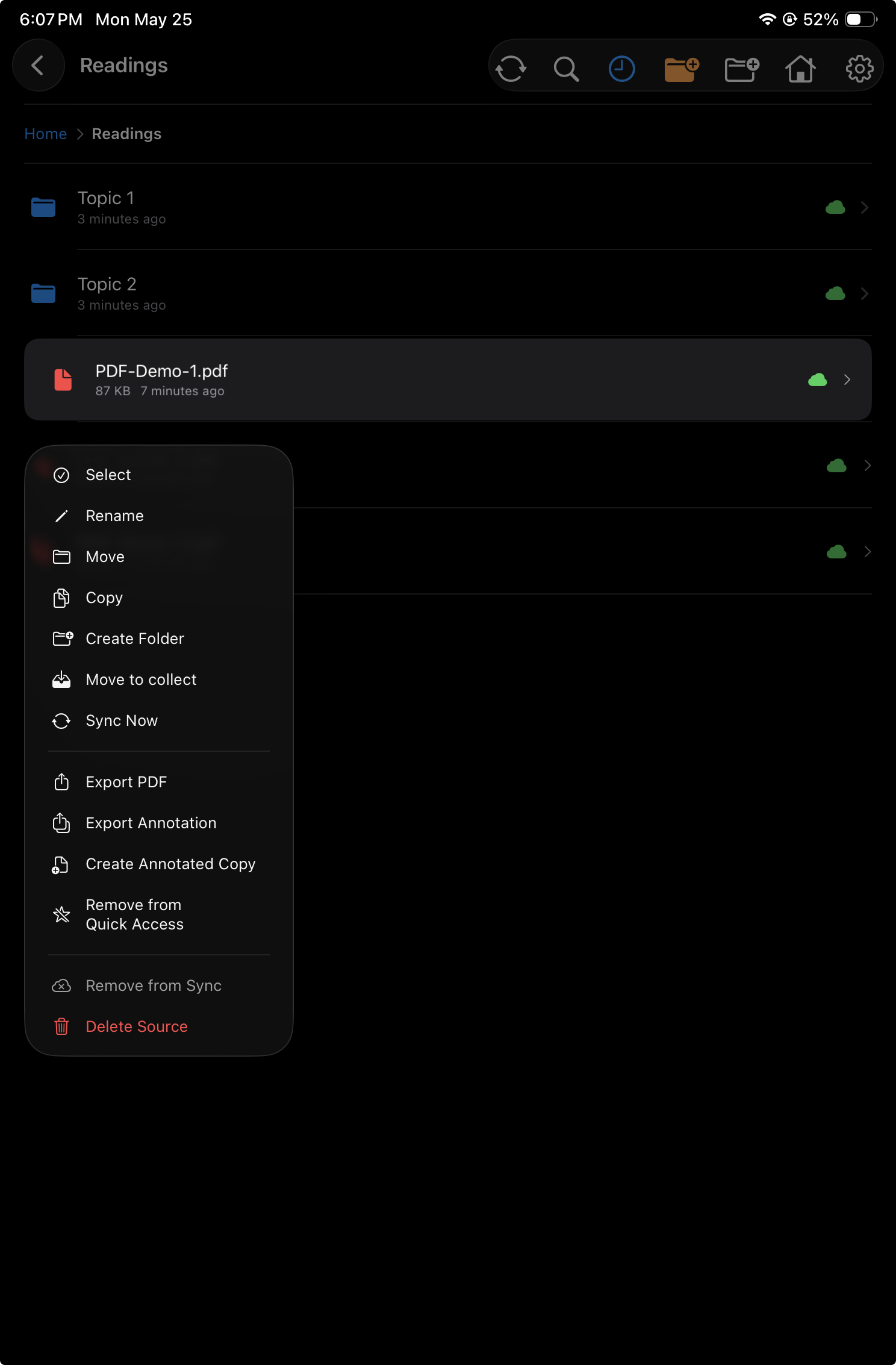 Context menu opened from a long press on a PDF file