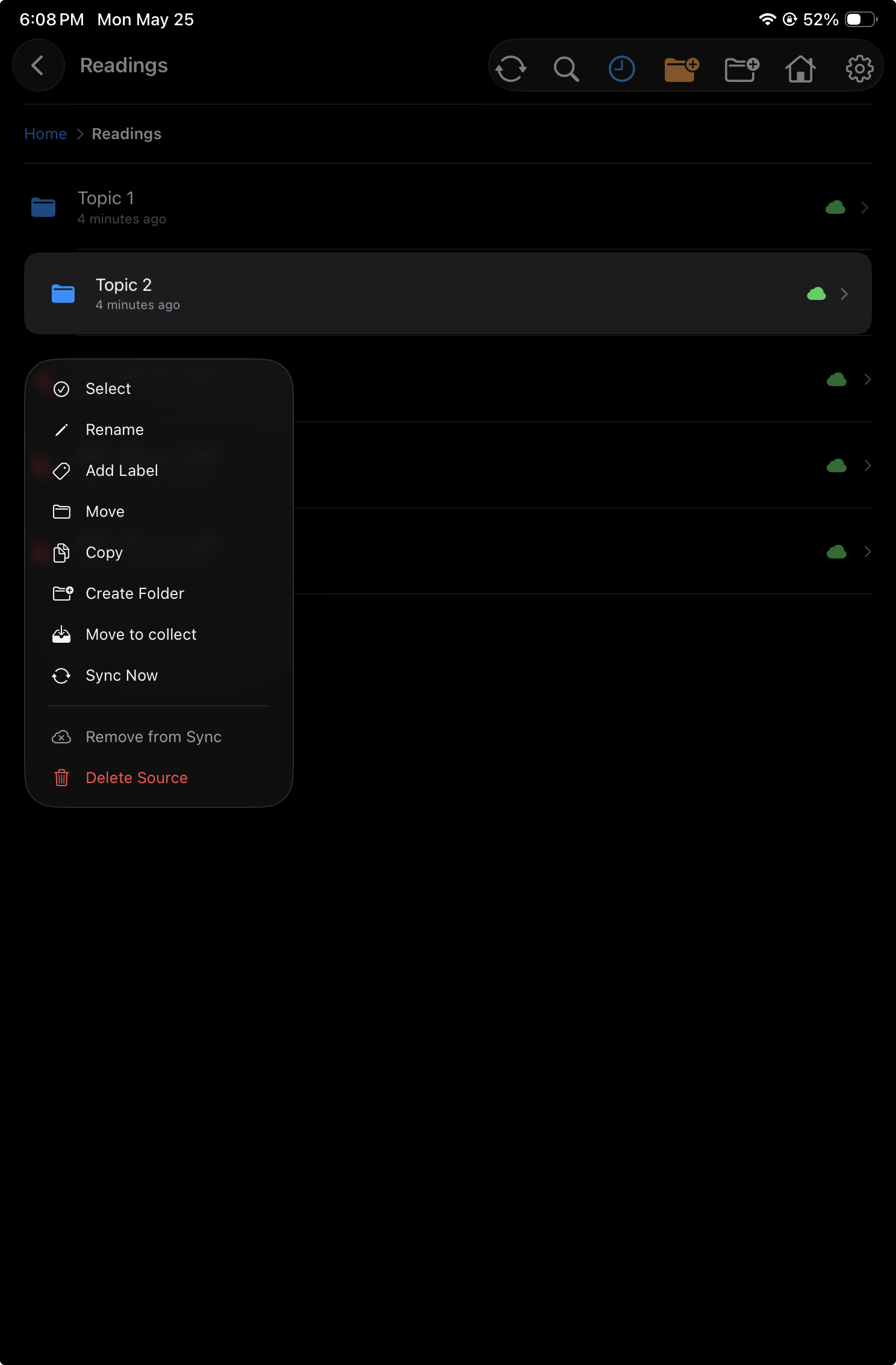 Context menu opened from a long press on a folder