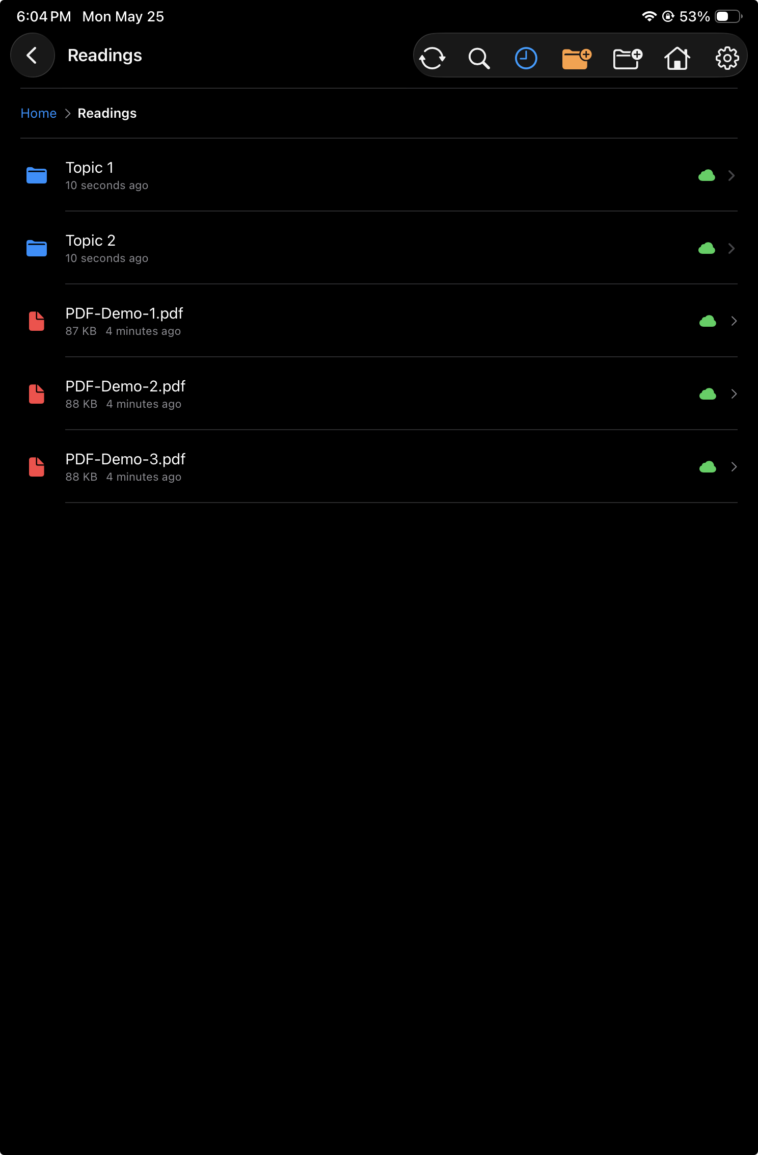 Folder view with folders, PDF files, and sync status badges