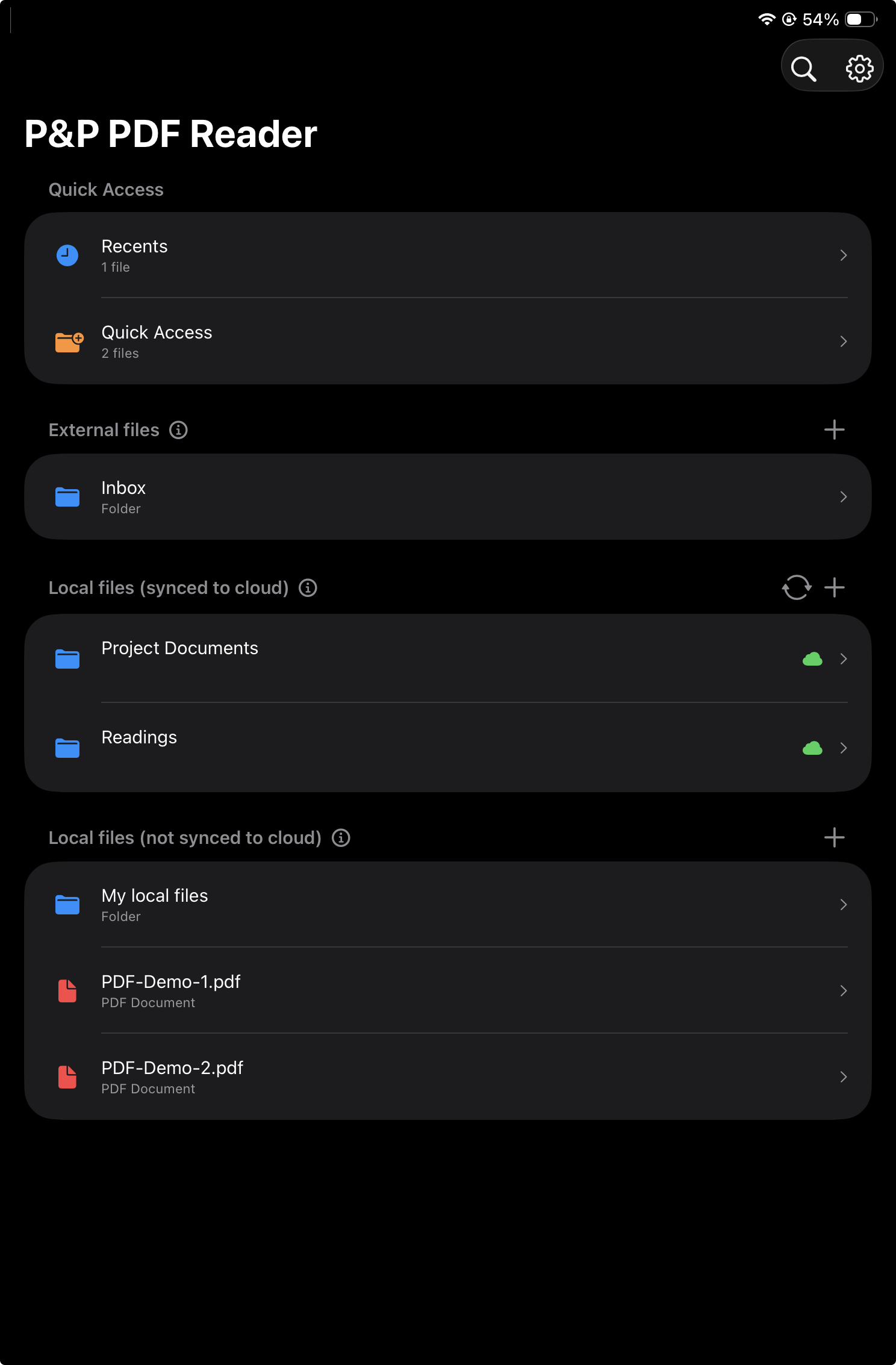 Home view showing Quick Access, Recents, External Files, and Local sections