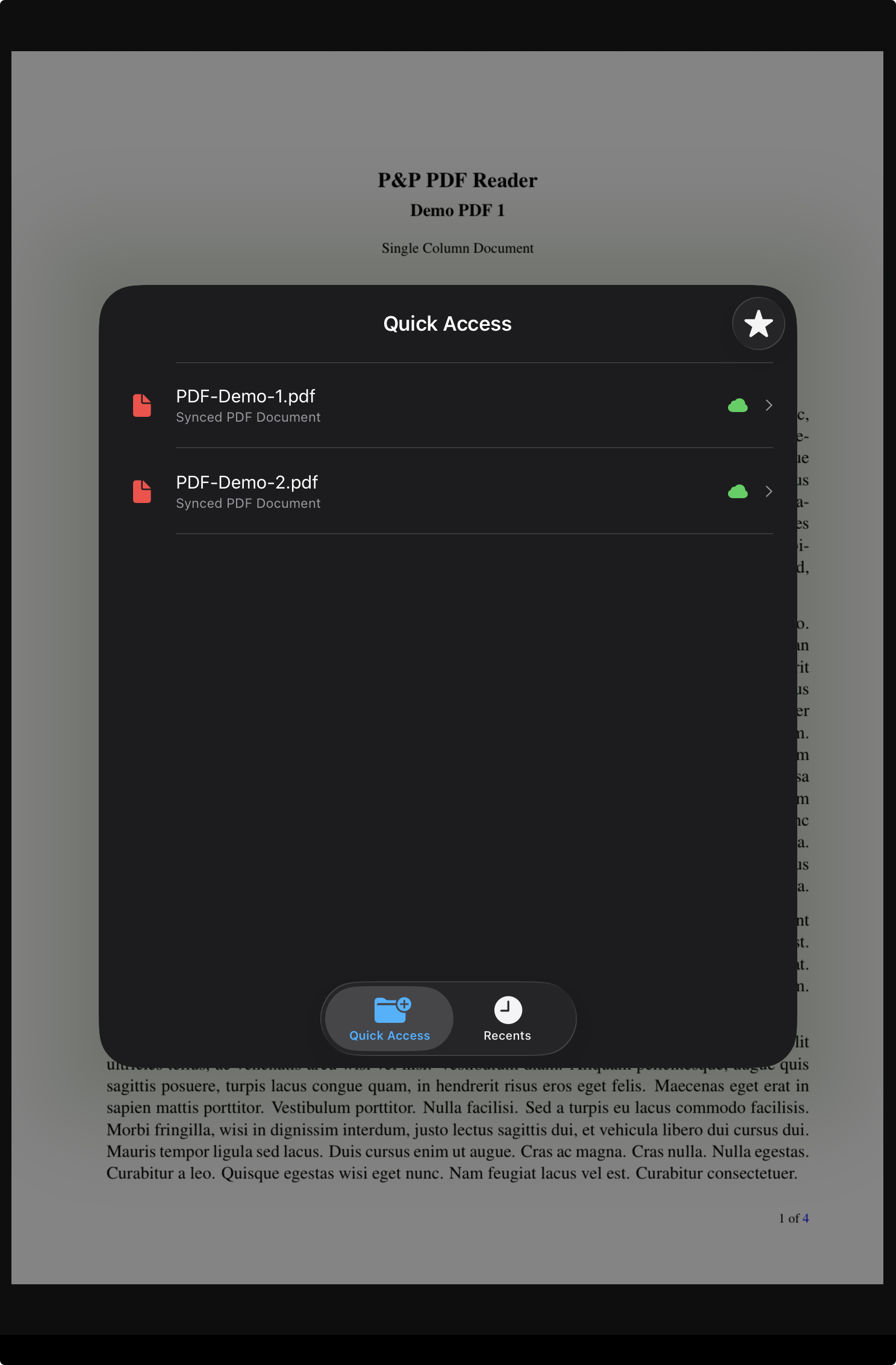 Quick Access and Recent PDFs shown over the current PDF