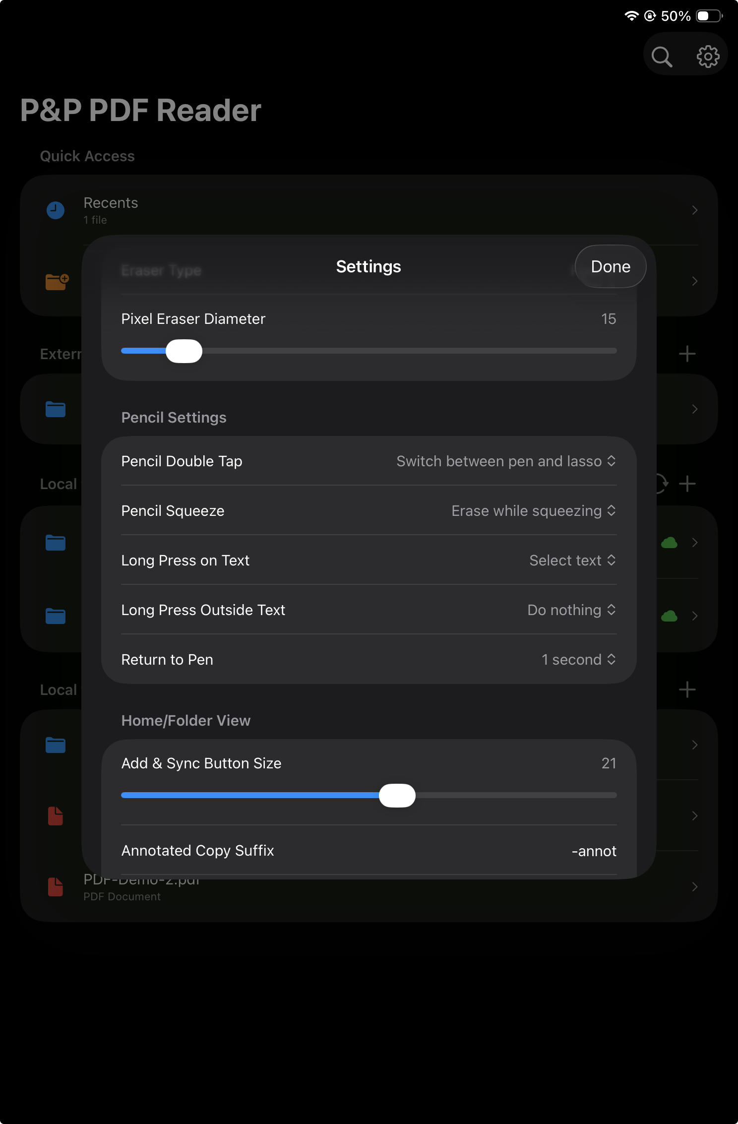 Pencil settings screen showing configurable Pencil gestures and options
